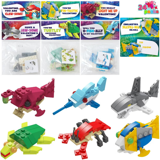 Joyfy 24 Packs Valentines Day Card with Ocean Animal Building Blocks for Valentine Classroom Favors Valentines Day Cards for Kids Boys