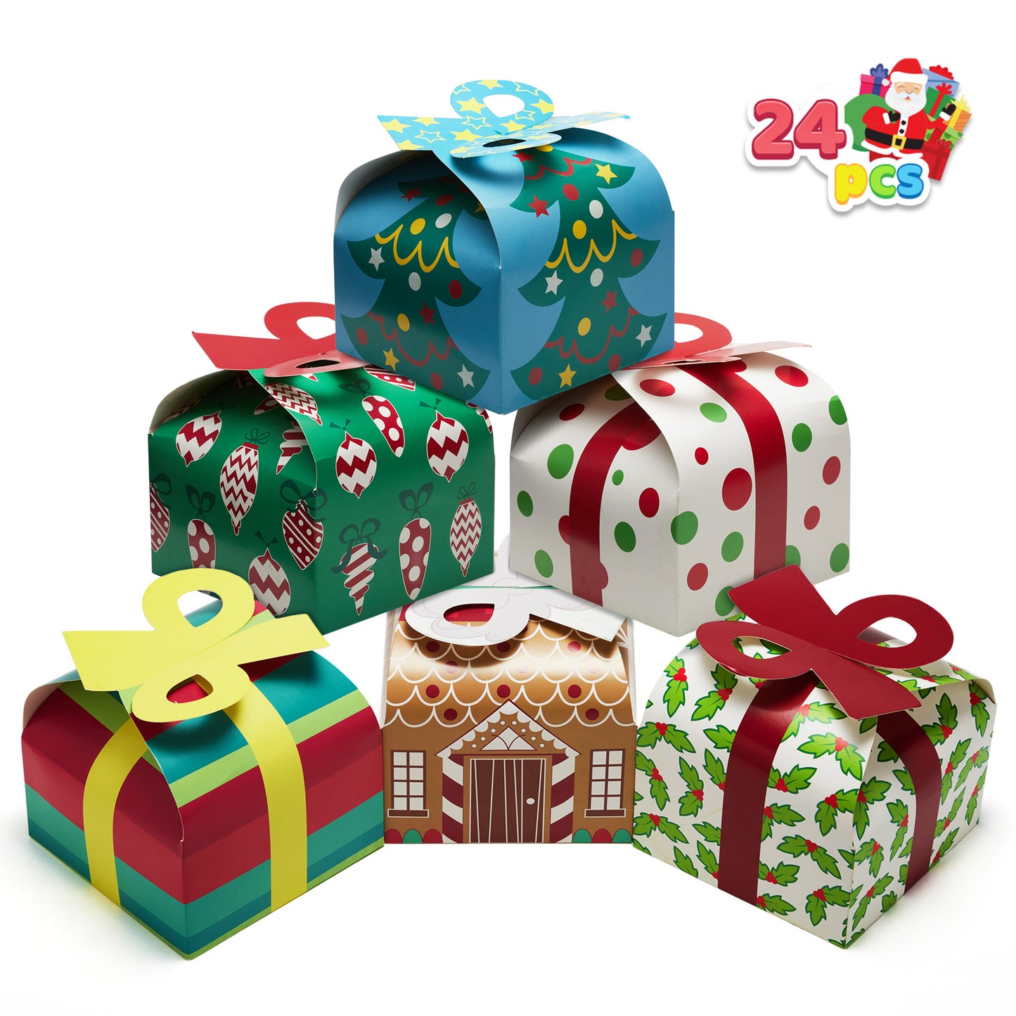 Joyfy 24 Pcs 3D Christmas Goody Gift Boxes with Bow for Holiday Xmas Goodie Paper Boxes, School Classroom Party Favor Supplies, Candy Treat Cardboard Cookie Boxes
