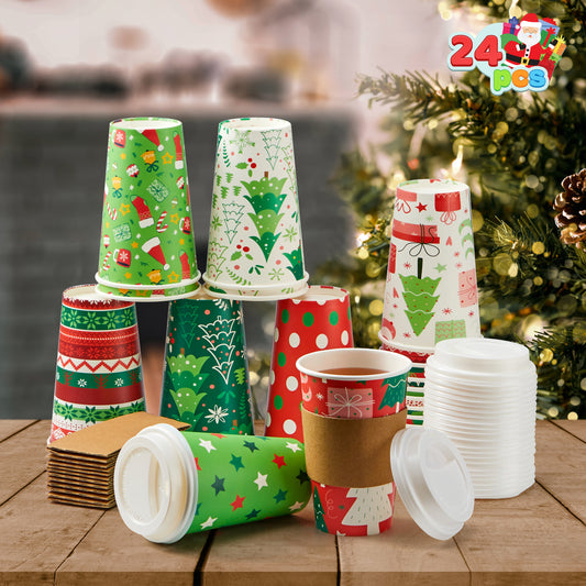 Joyfy 24 Pcs Christmas Disposable Paper Cups, 16 oz Xmas Dinnerware Cups With Cup Sleeves and Lids, 8 Designs Hot/Cold Beverages Tableware for Holiday Party Supplies