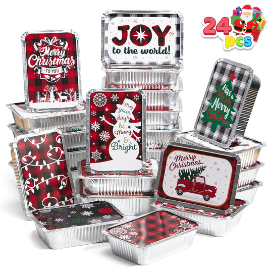 SYNCFUN 24 Pcs Christmas Foil Containers with Lid, Aluminum Foil Pans with Lids, 7"x5"x2" Disposable Foil Pans with Covers, Food Containers Great for Baking, Cooking, Heating, Storing, Prepping Food