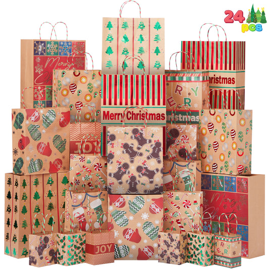 Joyfy 24 Pcs Christmas Foil Kraft Gift Bags Assorted Sizes with Twine Handles for Xmas Holiday Present Wrap Décor, Kraft Goody Bags, School Classroom Party Favor Supplies, Goodie Bags Decoration