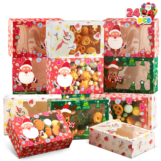SYNCFUN 24 Pcs Christmas Foil Treats Cookie Gift Box 8.75" x 5.75" x 2.75" Colorful Pattern with Window for Pastries, Cupcakes, Cookies, Brownies, Donuts Gift Giving