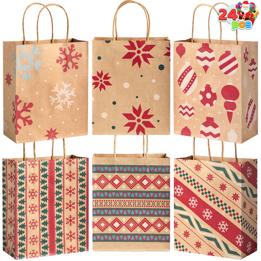 Joyfy 24 Pcs Christmas Kraft Gift Bags With Handle for Holiday Paper Gift Bags, Christmas Goody Bags, Xmas Gift Bags, School Classrooms Party Favors Supplies