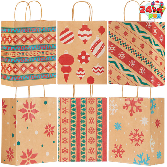 Joyfy 24 Pcs Christmas Present Bags, Kraft Bags with Handle for Christmas Party Favors, Gift Giving, Holidays Decorations, Xmas Treat Bags