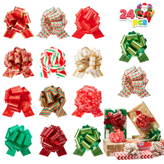 Joyfy 24 Pcs Christmas Pull Bows Present Wrap Ribbon(4.7" Wide), Easy and Fast Gift Wrapping Accessory for presents, Bows, Baskets, Wine Bottles Decoration, Gift Wrapping and Decoration Present