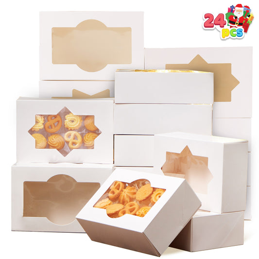Joyfy 24 Pcs Christmas White Cookie Boxes Bakery Treat Gift Box with Window 8.5" x 5.75" x 2.75" for Pastries, Cupcakes, Cookies, Brownies, Donuts Gift Giving
