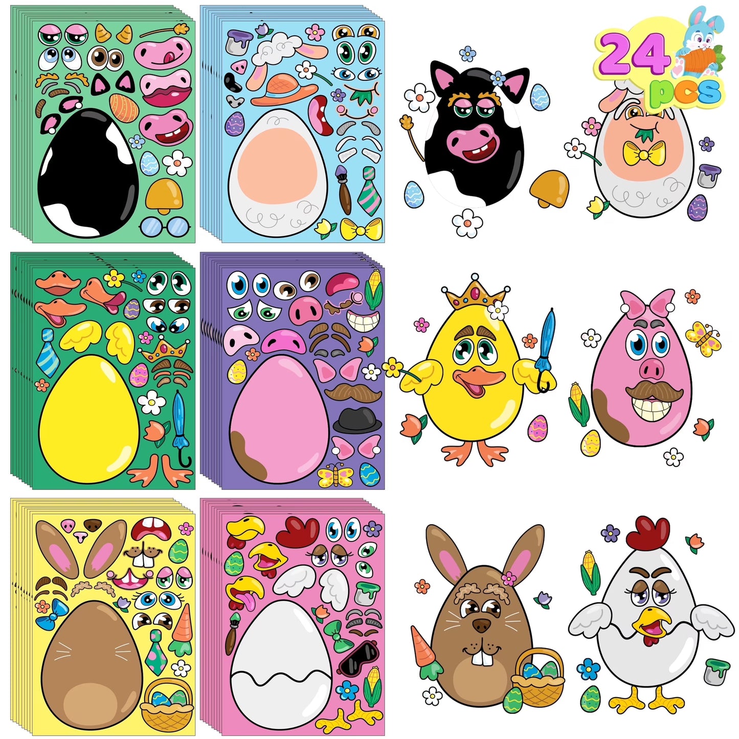 Joyfy 24 Pcs Easter Stickers for Kids, Easter Egg Make a Face Animal Stickers with Easter Egg Themed Pig, Bunny, Chicken, Cow, Sheep, Duck Party Favor Supplies, Art and Craft