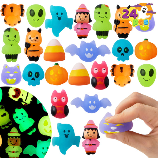 Joyfy 24 Pcs Halloween Mochi Squishy Toys,Glow in The Dark Squishy Toys for Kids,Halloween Classroom Favors Prizes Party Favors,Claw Machine Filler for Kids,Stress Relief Toys