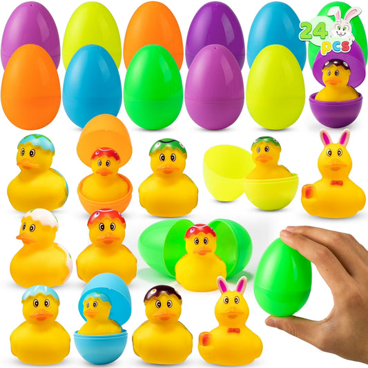 Joyfy 24 Pcs Prefilled Easter Eggs with Toys(12 Ducks and 12 Eggs),Colorful Easter Eggs Prefilled with Rubber Ducks for Easter Basket Stuffers and Bathtub Toys Party Favors