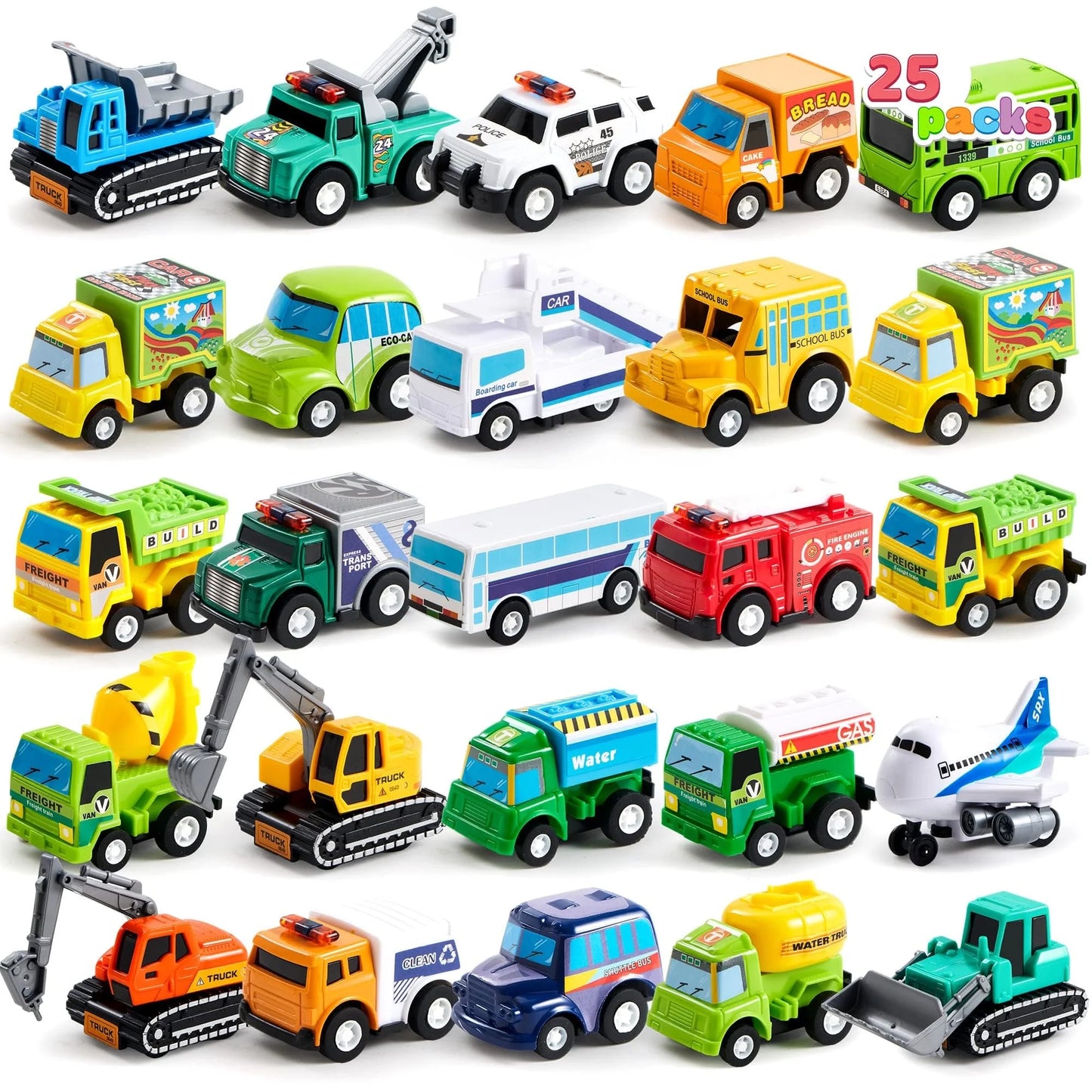 SYNCFUN 25 Pcs Kids Toy Cars Bulk, Pull Back Cars and Trucks Play Vehicles Set, Mini Excavator Party Favors Birthday Gift for Boys and Girls