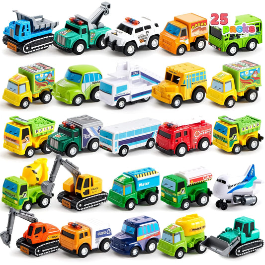 SYNCFUN 25 Pcs Kids Toy Cars Bulk, Pull Back Cars and Trucks Play Vehicles Set, Mini Excavator Party Favors Birthday Gift for Boys and Girls
