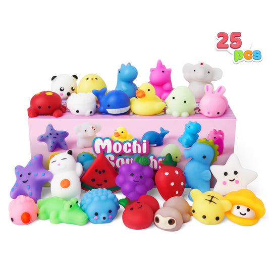 Joyfy 25 Pcs Mochi Squishy Toys for Kids Mini Kawaii Squishies Fidget Toys Animals & Fruit Stress Relief Toys for Party Favors, Classroom Prizes, Pinata Filler, Goodie Bags Stuffers