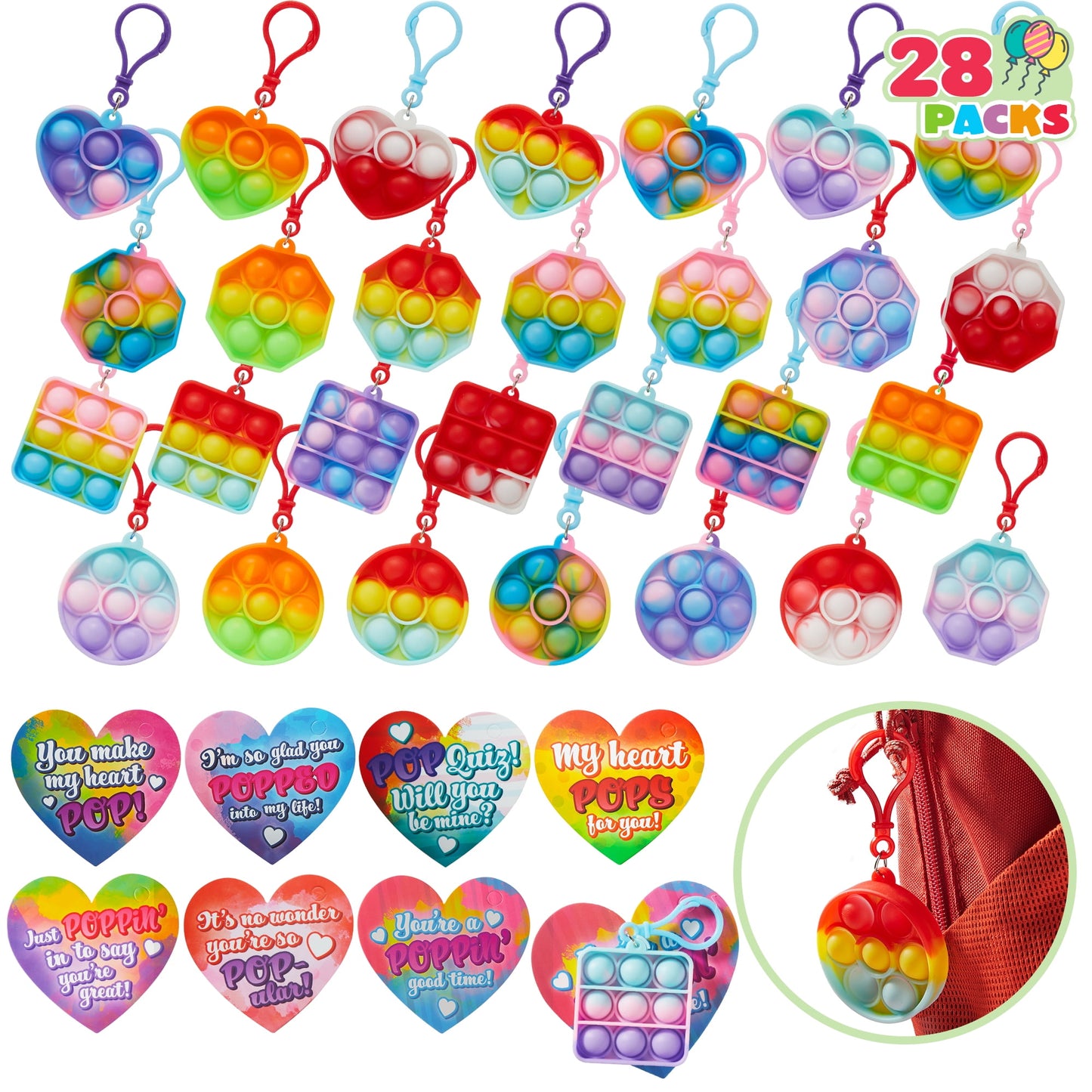 Joyfy 28 Packs Valentines Cards with Pop Bubble Key Chains Fidget Toys Valentines Exchange Pack for Kids Valentines School Classroom Favors