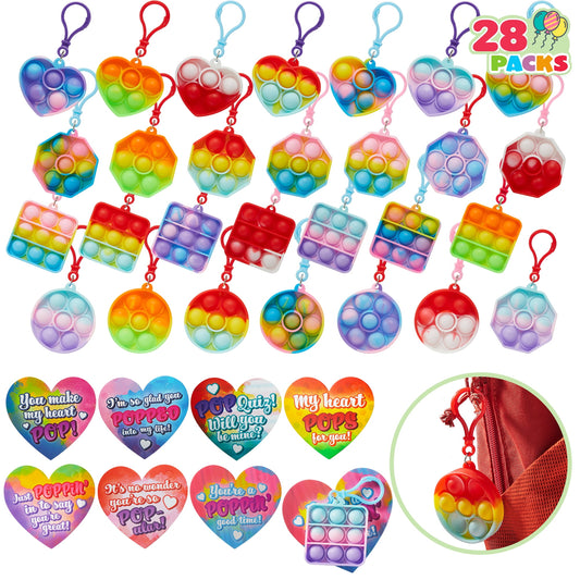 Joyfy 28 Packs Valentines Cards with Pop Bubble Key Chains Fidget Toys Valentines Exchange Pack for Kids Valentines School Classroom Favors