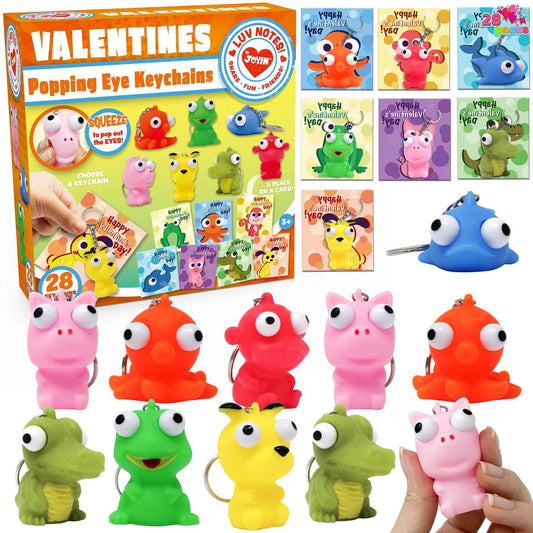 28 Packs Valentines Cards with Popping Eyes Animal Keychain for Kids, Fidget Valentines Toys for Kids School Class Exchange Cards