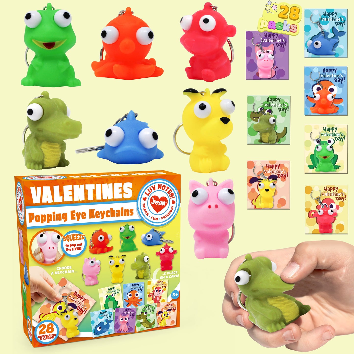 28 Packs Valentines Cards with Popping Eyes Animal Keychain for Kids, Fidget Valentines Toys for Kids School Class Exchange Cards