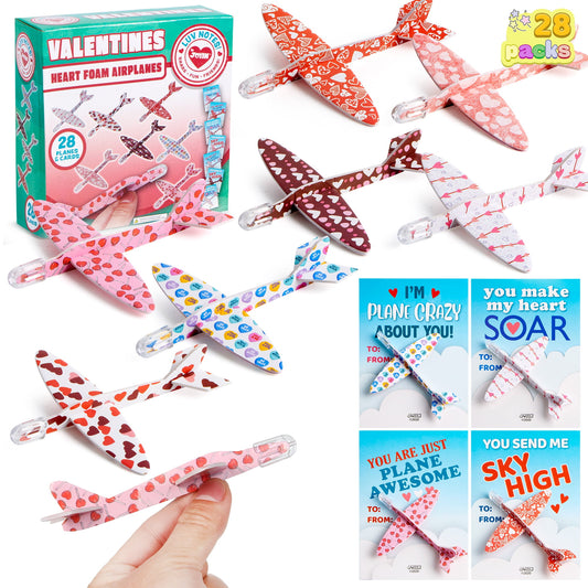 28 Packs Valentines Day Cards with Foam Airplanes for Kids, Valentines Exchange Cards with Boxes for Boys Girls, Valentines School Classroom Party Favors