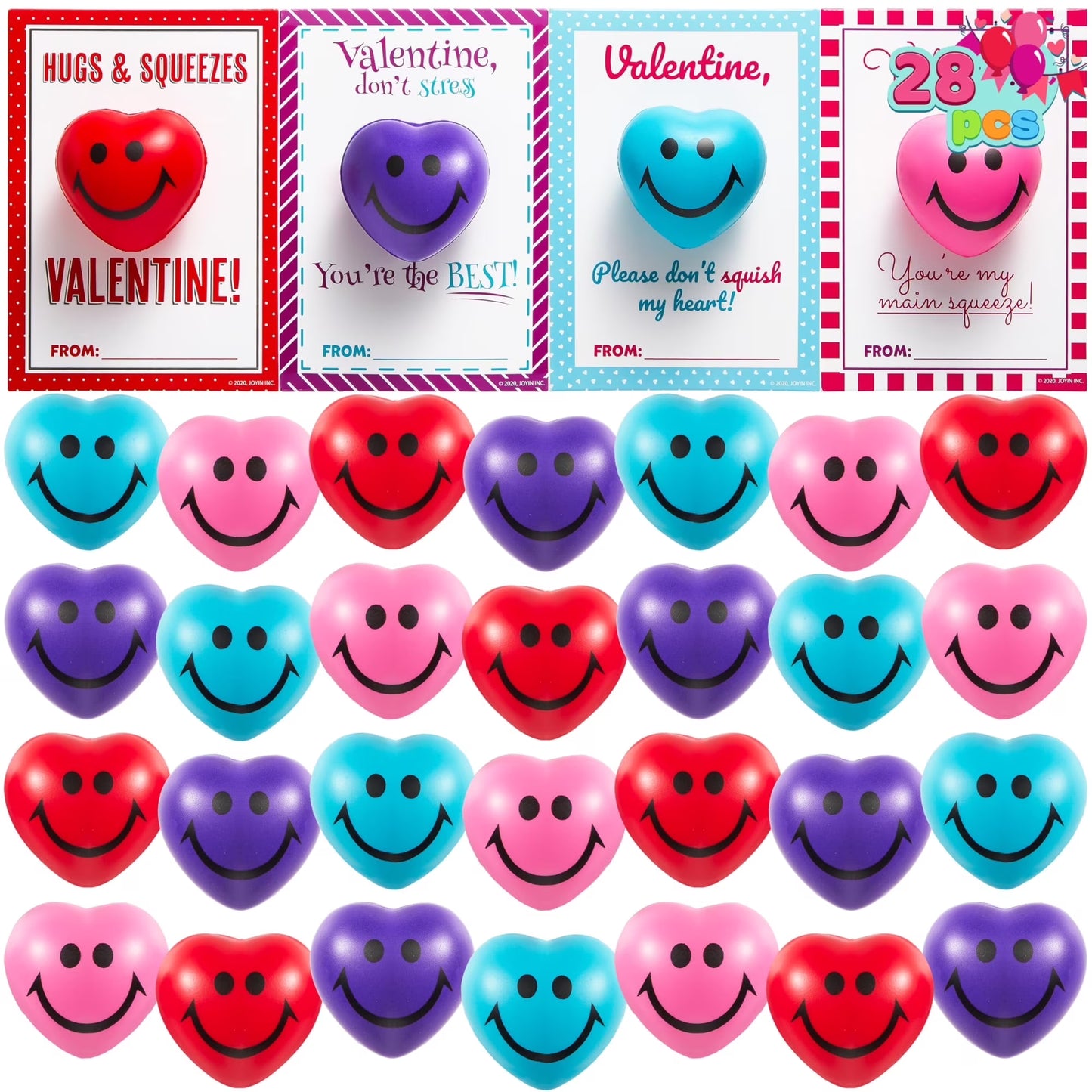 Joyfy 28 Packs Valentines Day Cards with Heart Shaped Stress Ball for Kids, Stress Relief Smile Squishy Toy Ball Fidget Toys for Valentine Kids School Class Exchange Party Favors