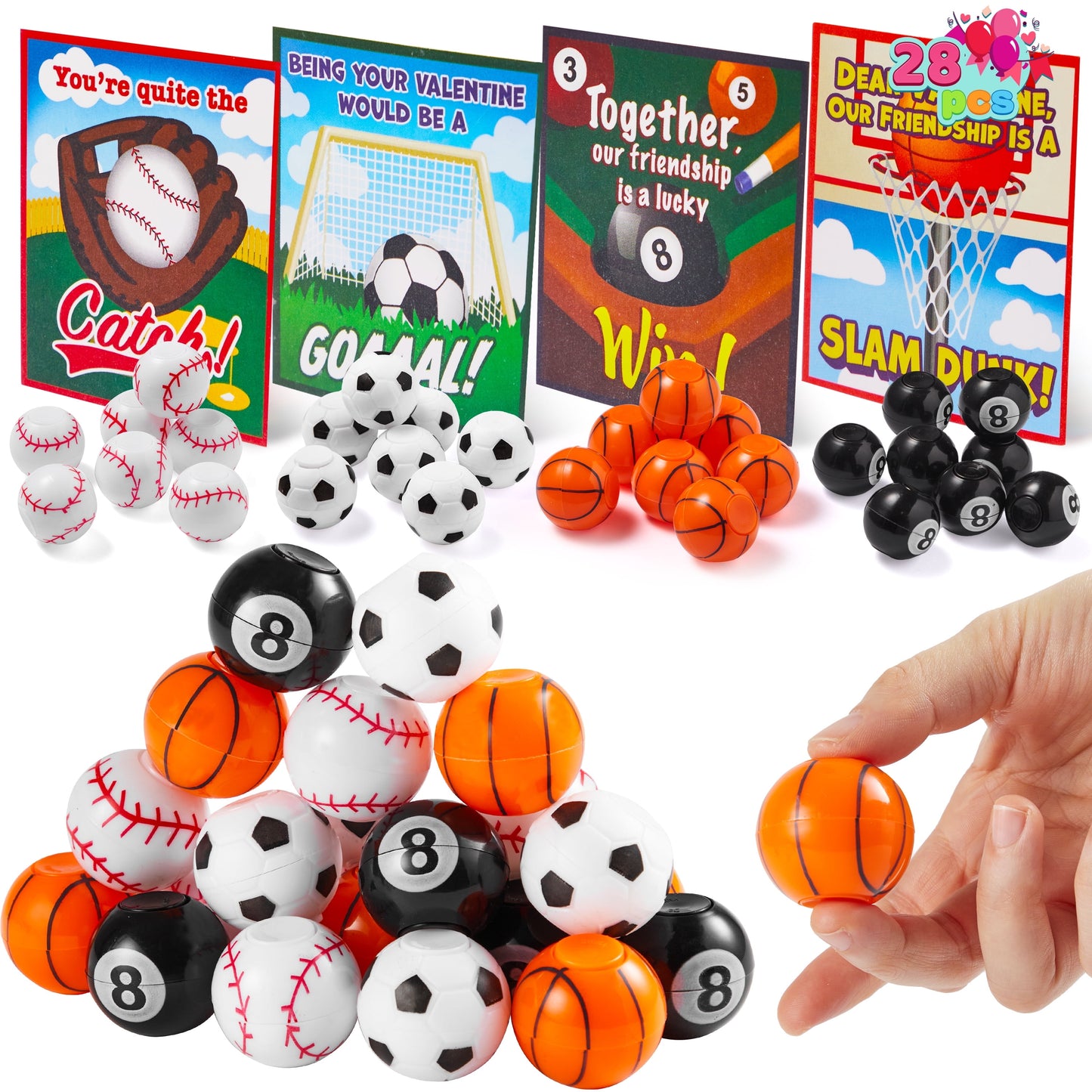 Joyfy 28 Packs Valentines Day Cards with Mini Sports Ball, Fidget Spinner Balls Bouncy Balls for Kids Valentines Party Favors Classroom Exchange Gift Cards