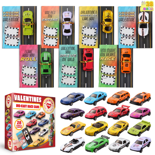 28 Packs Valentines Day Cards with Die-Cast Racing Cars, Valentines School Classroom Exchange Cards for Kids Boys, Vehicle Party Favors Toys
