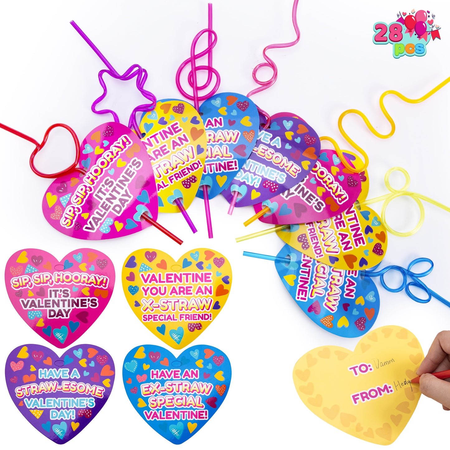 28 Packs Valentines Day Cards with Gift Colorful Crazy Loop Reusable Drinking Straws for Kids Valentine Party Favors Toy
