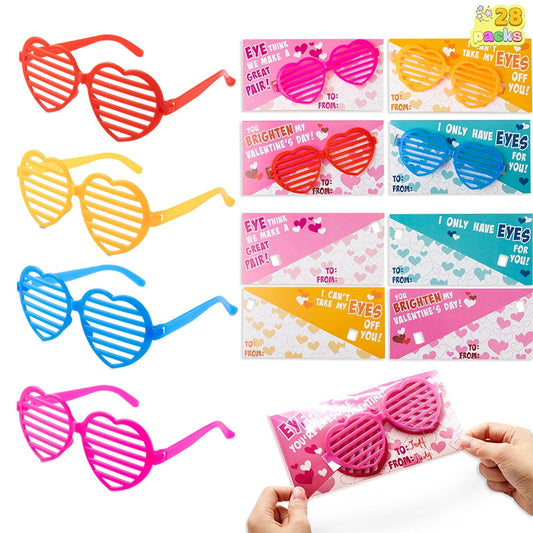 28 Packs Valentines Day Cards with Heart Shaped Glasses for Kids, Valentines School Classroom Exchange Cards Gifts, Valentines Party Favors
