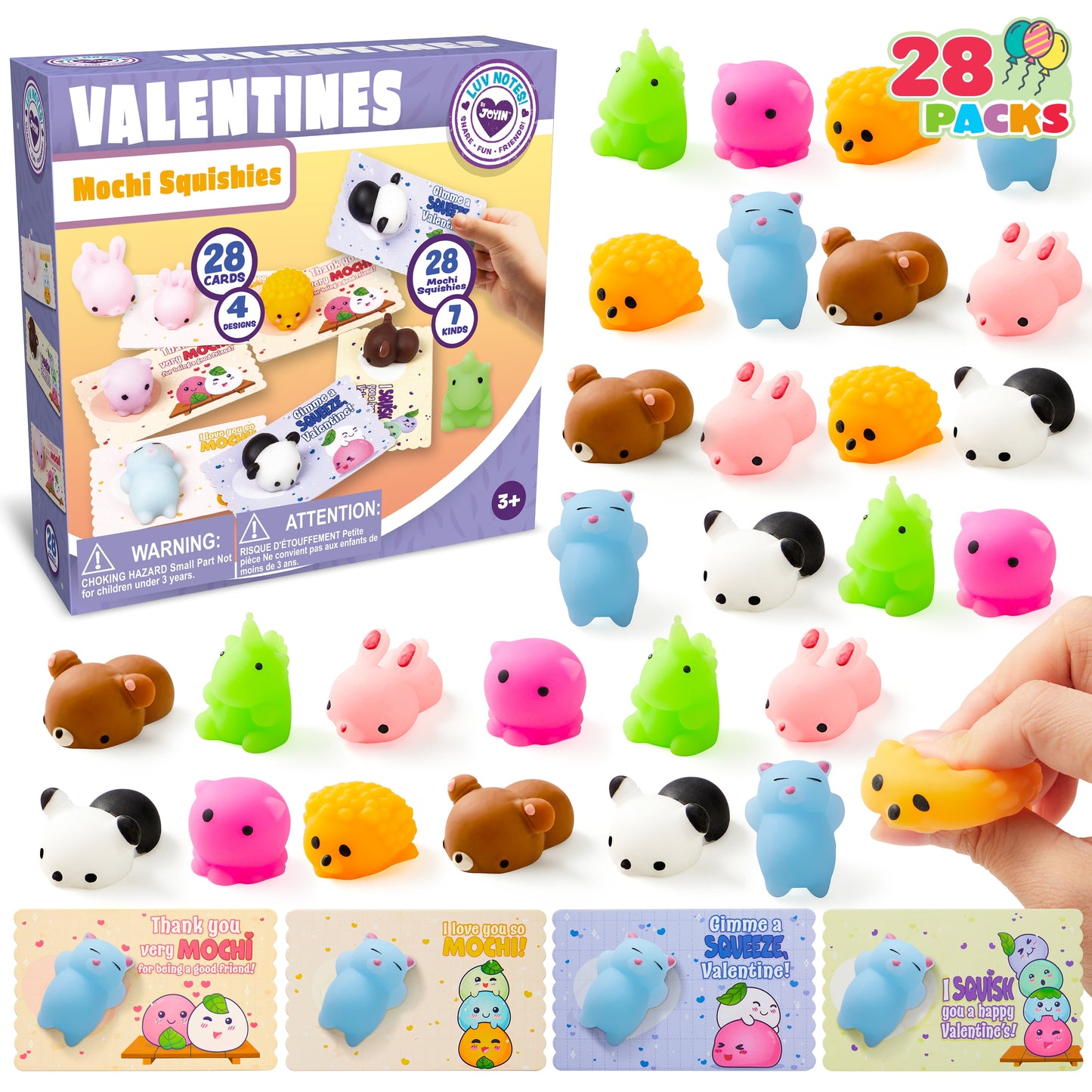 28 Packs Valentines Day Cards with Mochi Squishy Toys Set, Stress Relief Fidget Toys for Kids Valentine School Class Exchange Card Cute Gifts