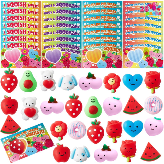 Joyfy 28 Packs Valentines Day Gift Cards with Mochi Squishy Toys, Stress Relief Fidget Toys for Kids Valentine Classroom Favors