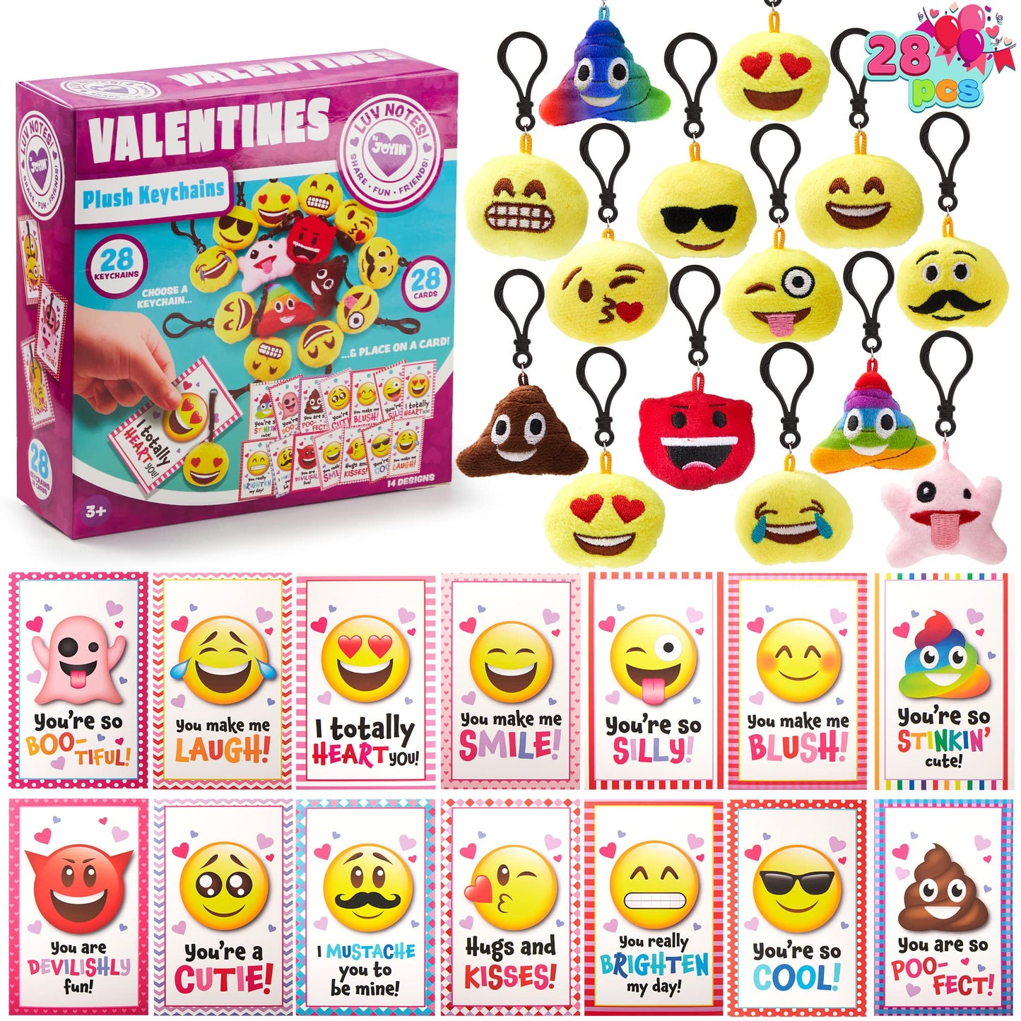 28 Packs Valentines Day Gifts Cards with Plush Key Chain, Valentine School Class Exchange Cards for Kids Girls Boys