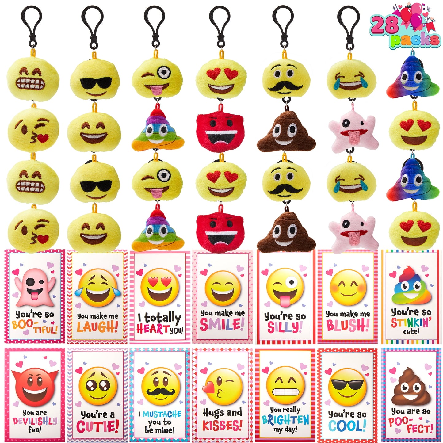 28 Packs Valentines Day Gifts Cards with Plush Key Chain, Valentine School Class Exchange Cards for Kids Girls Boys