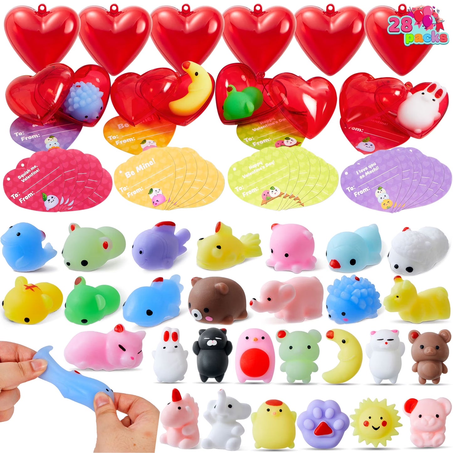 Joyfy 28 Packs Valentines Gifts for Kids, Stress Relief Mochi Squishy Toys Filled Hearts for Kids Classroom Exchange Cards Gifts, Valentines Party Favors