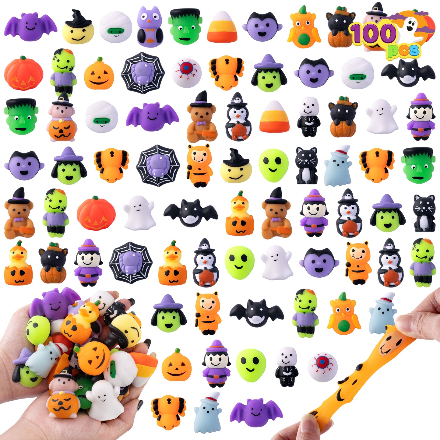 Joyfy 100 Pcs Halloween Mochi Squishy Toys,Squishy Toys for Kids,Halloween Classroom Favors Prizes Party Favors,Claw Machine Filler for Kids,Stress Relief Toys