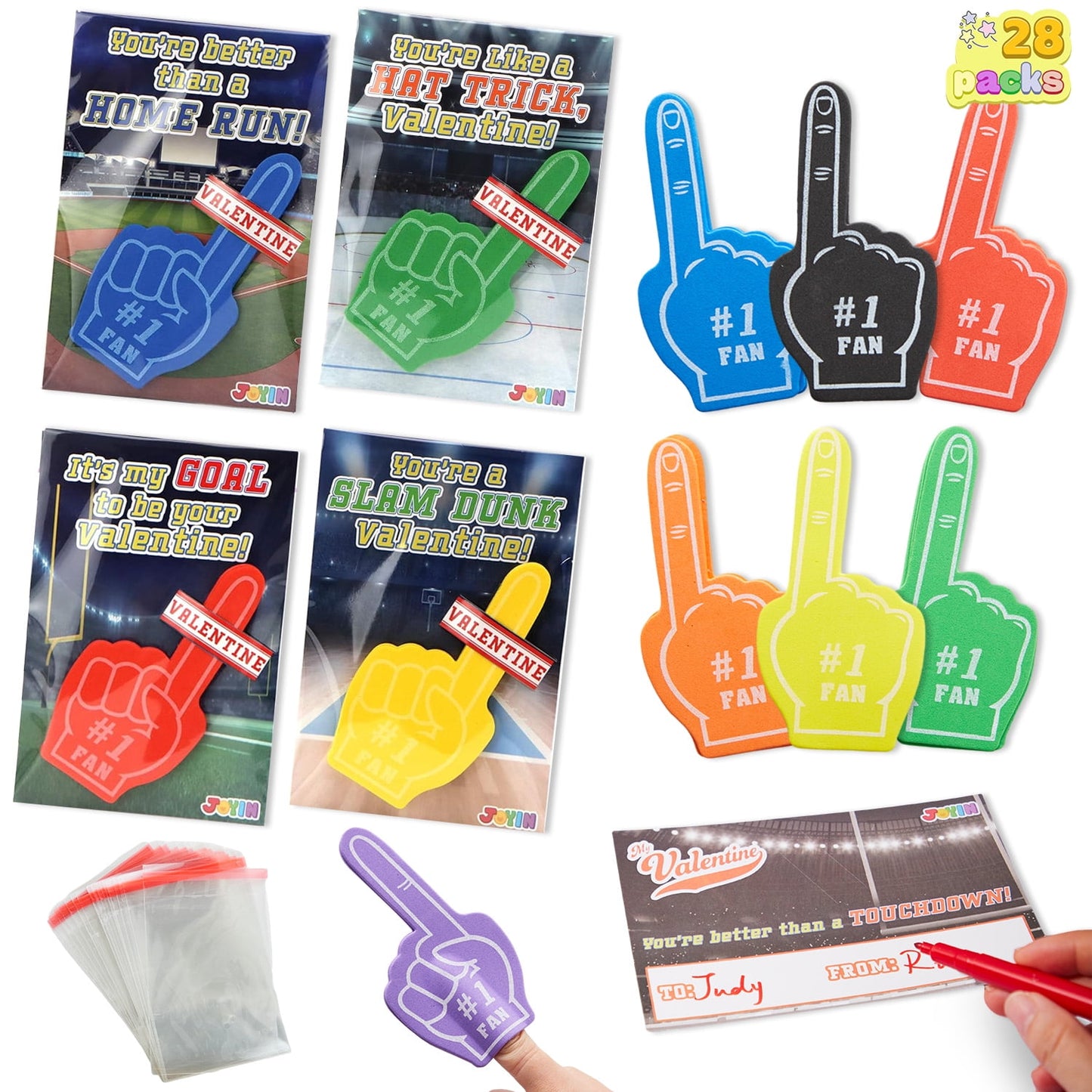 28 Pcs Valentines Day Cards with Foam Fingers for Kids Boys, Sports Fan Cheering Foams for Sports Event Games Valentines Hand Party Favors, Valentines Exchange Cards