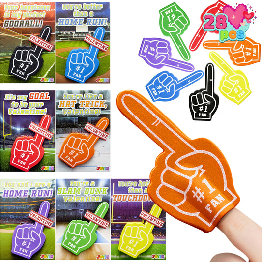 28 Pcs Valentines Day Cards with Foam Fingers for Kids Boys, Sports Fan Cheering Foams for Sports Event Games Valentines Hand Party Favors, Valentines Exchange Cards