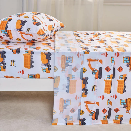 Joyfy Construction Vehicle Bed Sheet Set for Kids, Twin 3-Piece Soft Microfiber Sheets with Deep Pocket, Wrinkle & Fade Resistant Toddler Bedding for Boys
