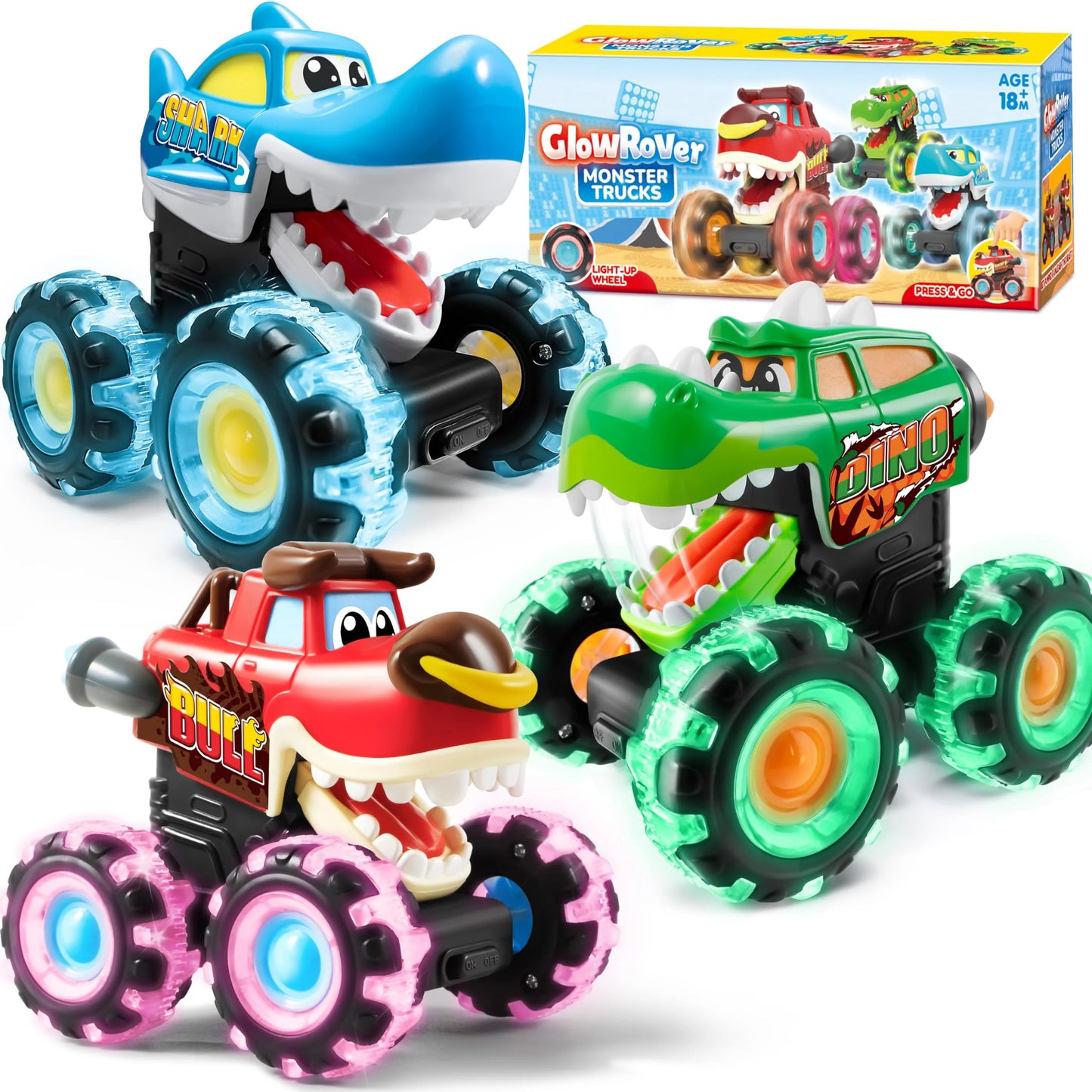 SYNCFUN 3 Pack Monster Truck Toy, Motion Activated Light-Up Cars for Kids Toddlers, Monster Treads Lightning Wheels, Press & Go Car Toy for Boys Girls