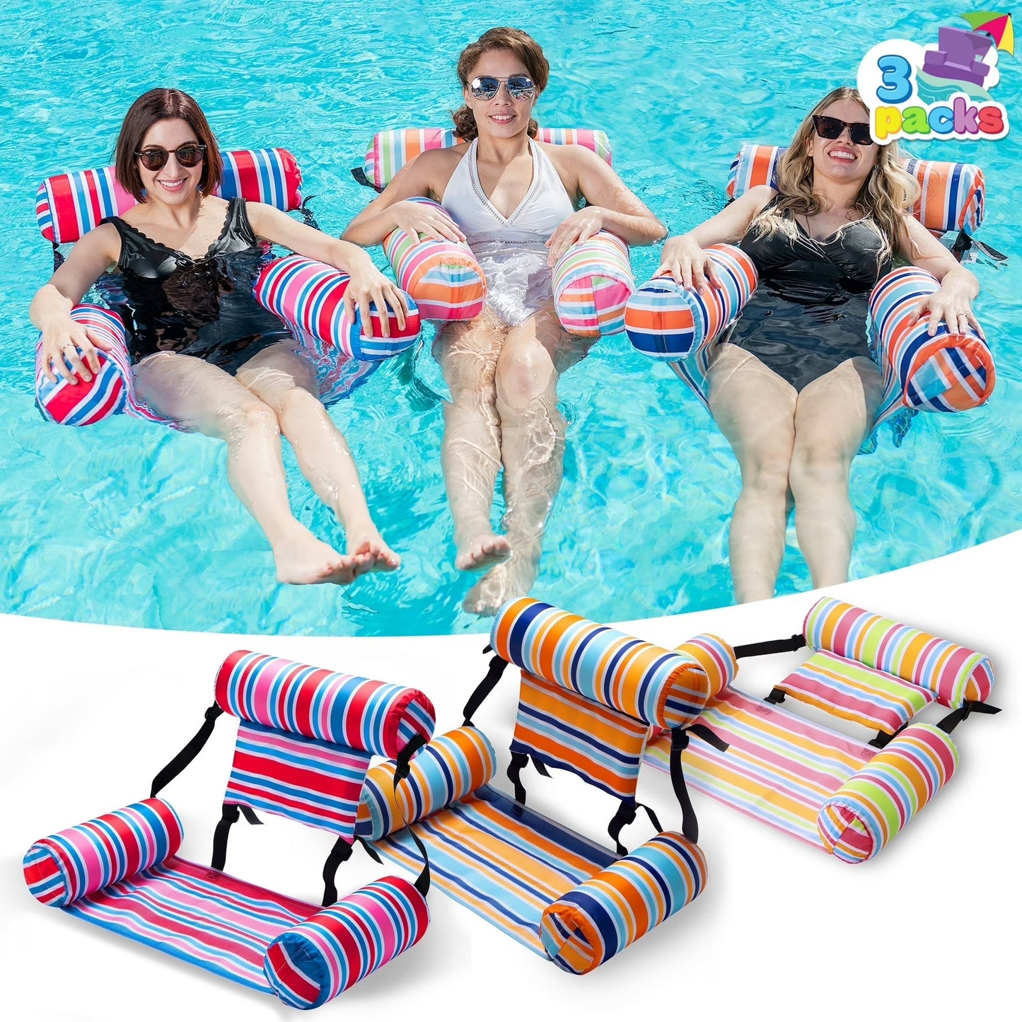 SYNCFUN 3 Packs Pool Lounge Chair for Adults, Striped Pool Float Hammock, Inflatable Swimming Pool Water Floating Chair for Outdoor, Beach, Pool, Lake