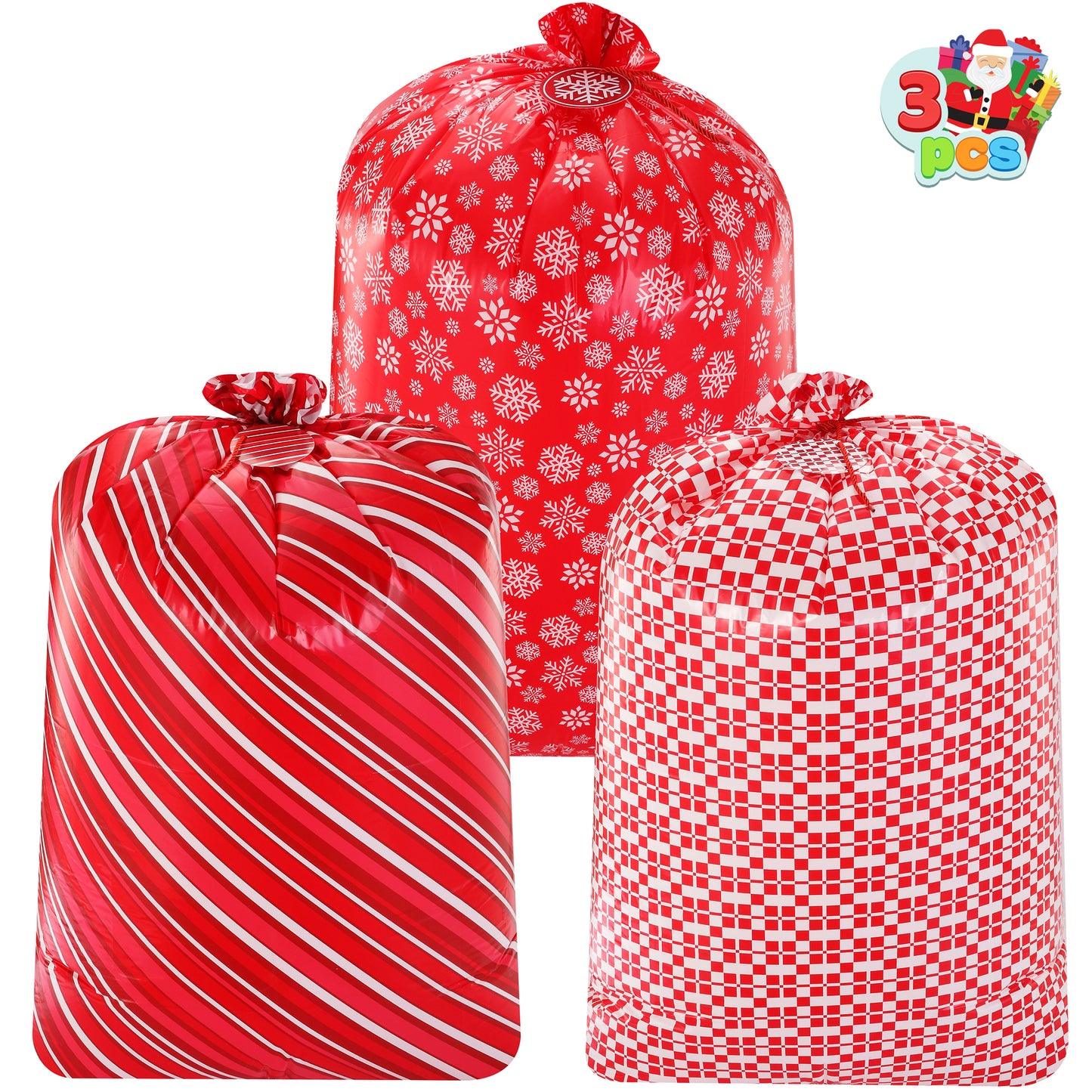 Joyfy 3 Pcs Jumbo Christmas Gift Bags, 56”x36” Red Xmas Large Plastic Gift Bags with Tags for Santa Parties Supplies, Gift Wrapping