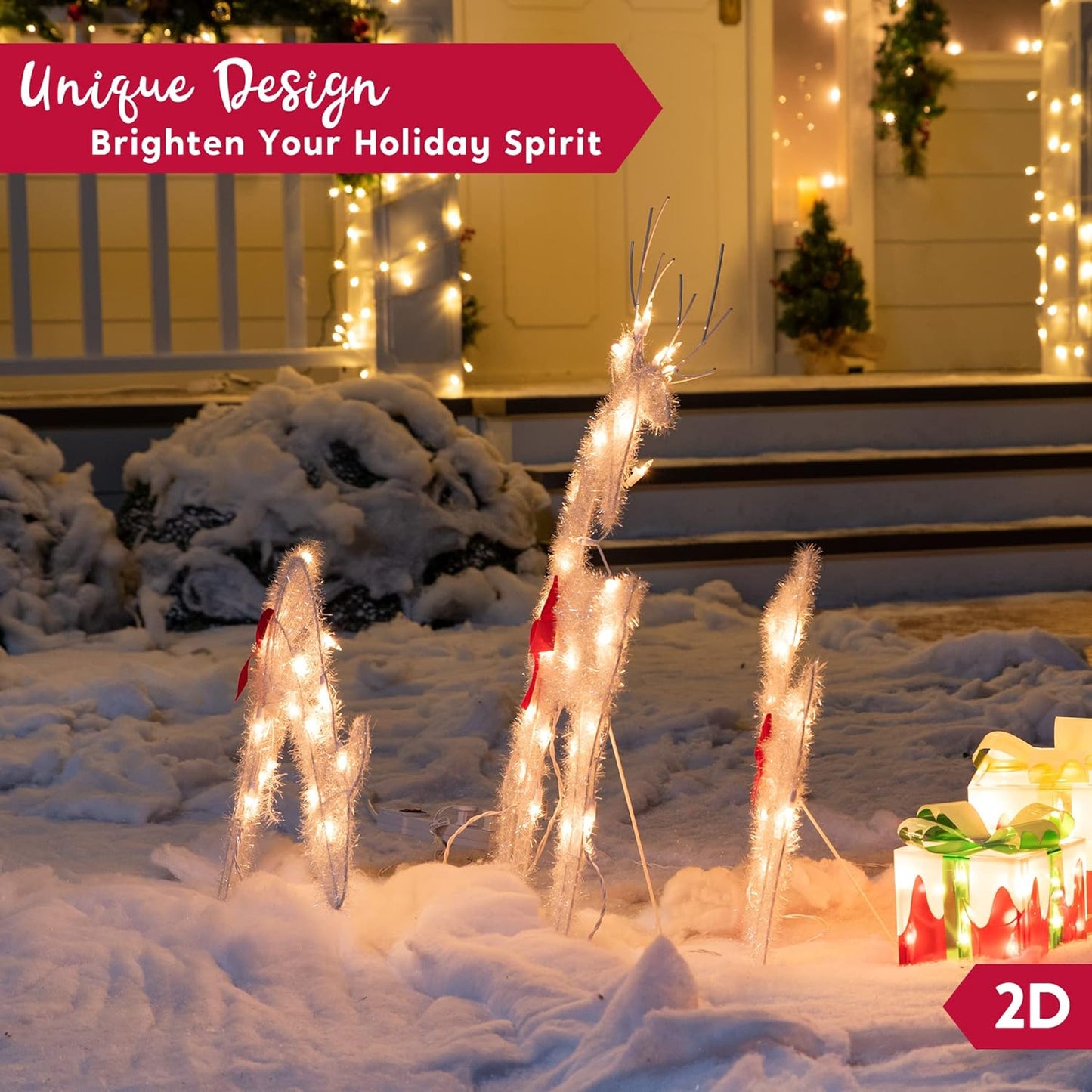 SYNCFUN 3 Pcs Reindeer Family Yard Light Christmas Outdoor Decorations,2D 60 Pre-Lit LED Reindeer Christmas Decorations,Christmas Yard Light with Stakes Holiday Decor