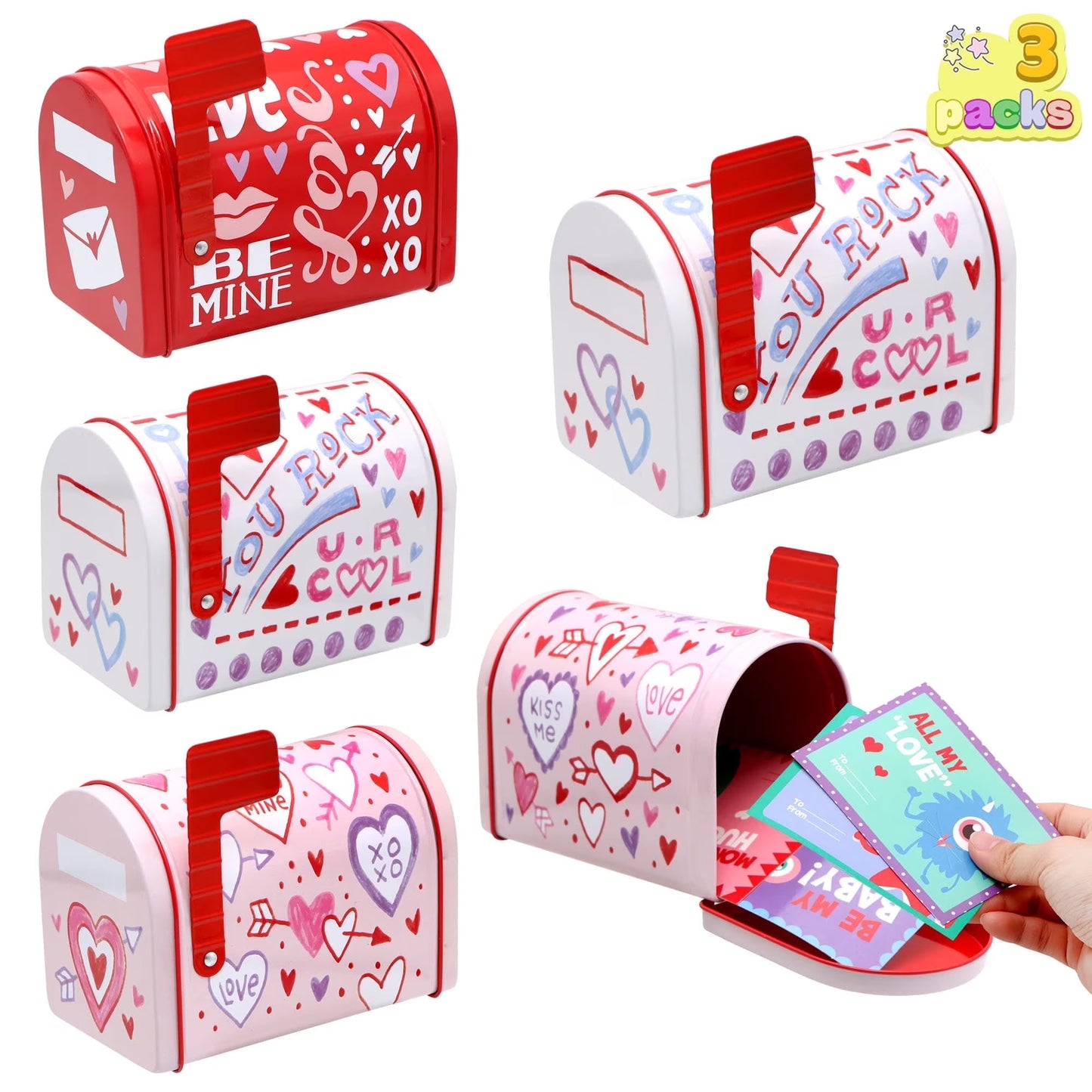 Joyfy 3 Pcs Valentine Mailbox,3.75 X 5 Valentine Day Tin Mailbox for Kids,Valentine Boxes for Kids Classroom Greeting Card Exchange Gifts