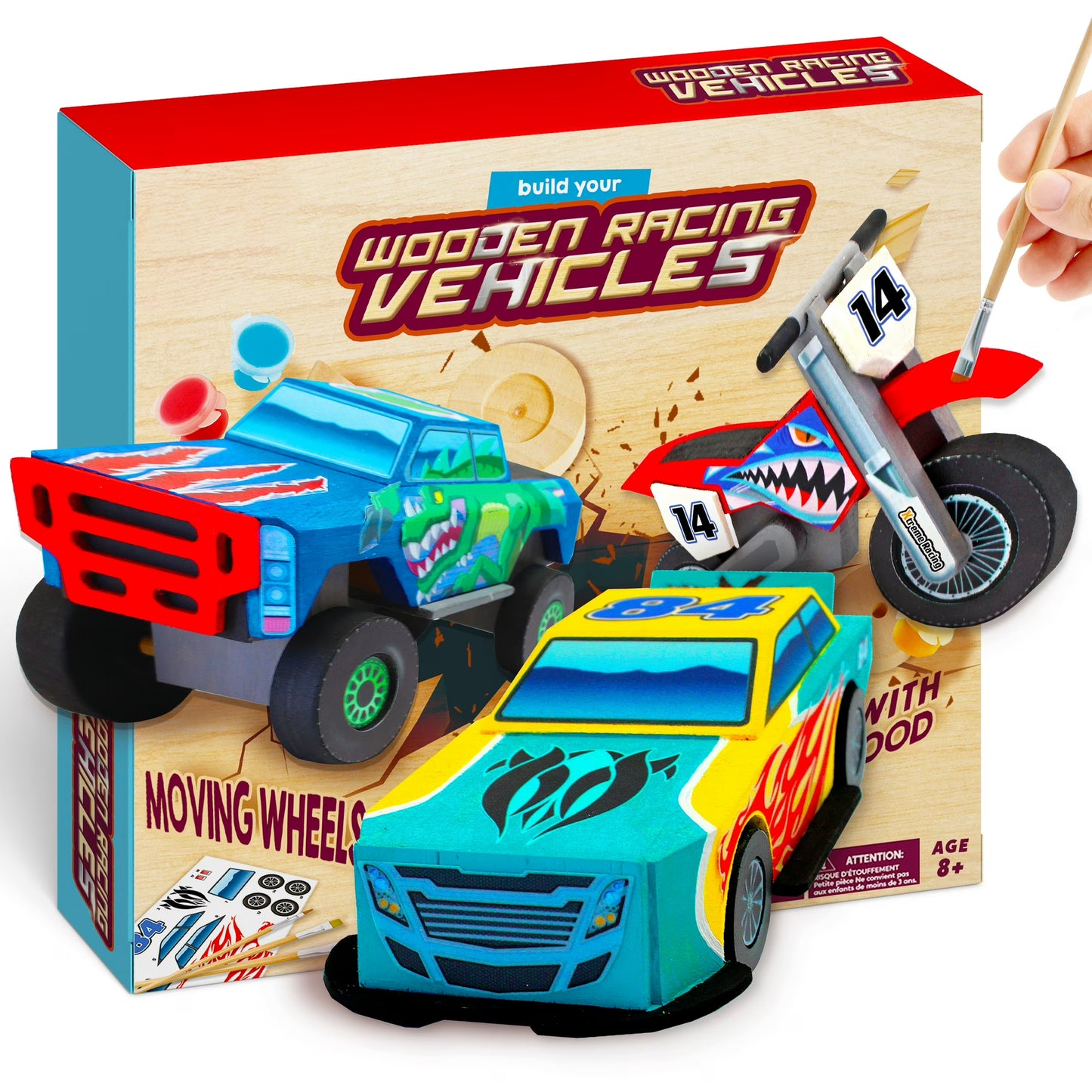 Joyfy 3 Piece DIY Wooden Race Car Painting Kit for Kids, Birthday Toy for Boys Girls Ages 6+