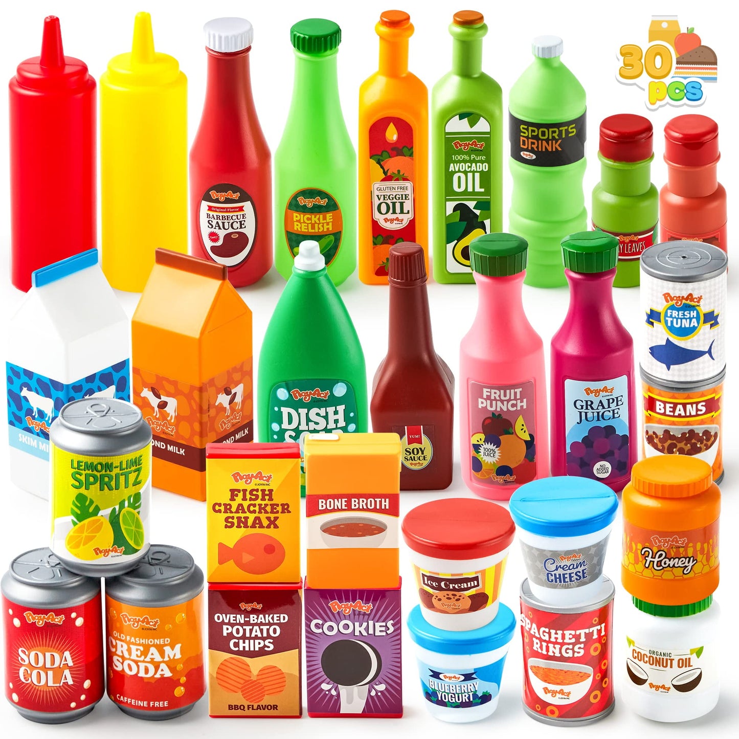 Joyfy 30 Pcs Play Food Grocery Cans, Play Kitchen Accessories, Gifts & Indoor Toys for Kids Toddlers 2 3 4 5 6 Years Old