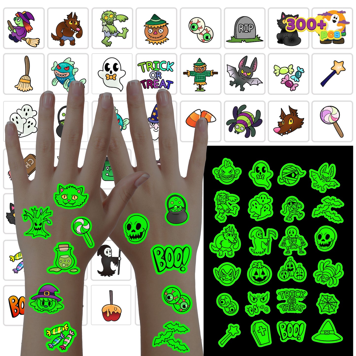 Joyfy 300+ Halloween Temporary Tattoos,Glow in The Dark Tattoos for Kids,Halloween Toys Bulk,Halloween Trick or Treat Toys,Halloween Party Favor