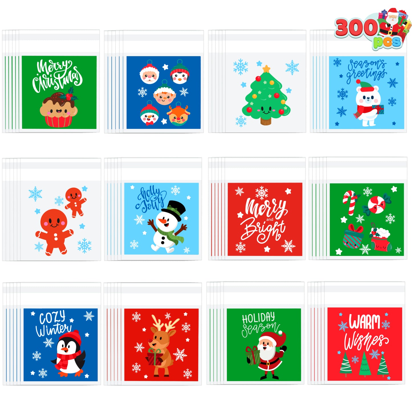 Joyfy 300 Pcs Christmas Cookie Bags Self-adhesive Candy Bags Plastic Cellophane Treat Bags for Holiday Treats, Christmas Party Favors Supplies, Cute Christmas Cello Gift Bags, Xmas Goodie Bags