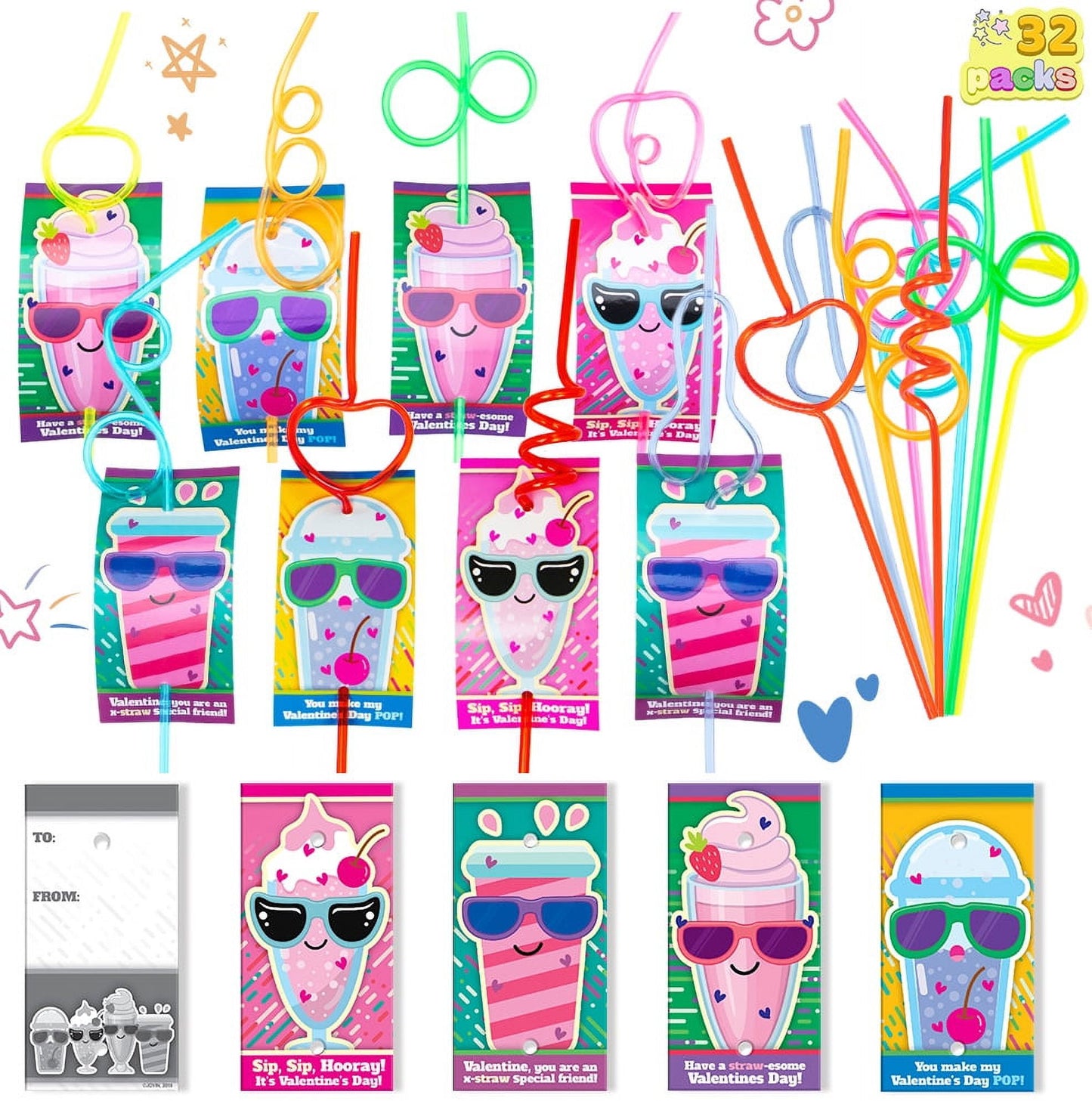32 Packs Valentines Day Cards with Colorful Crazy Loop Reusable Drinking Straws for Kids, Valentines School Class Exchange Cards for Girls Boys, Valentines Party Favors
