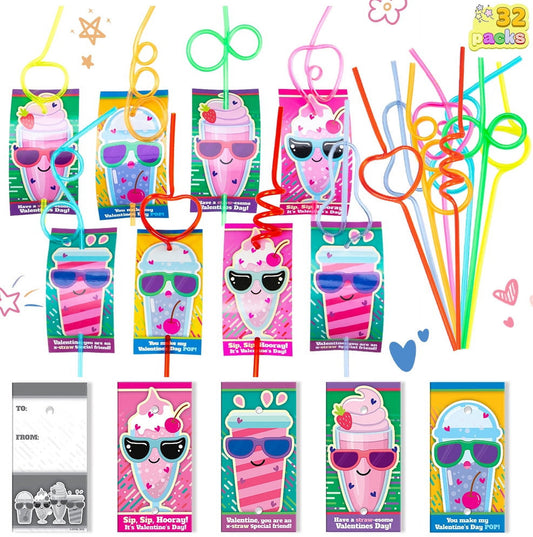 32 Packs Valentines Day Cards with Colorful Crazy Loop Reusable Drinking Straws for Kids, Valentines School Class Exchange Cards for Girls Boys, Valentines Party Favors