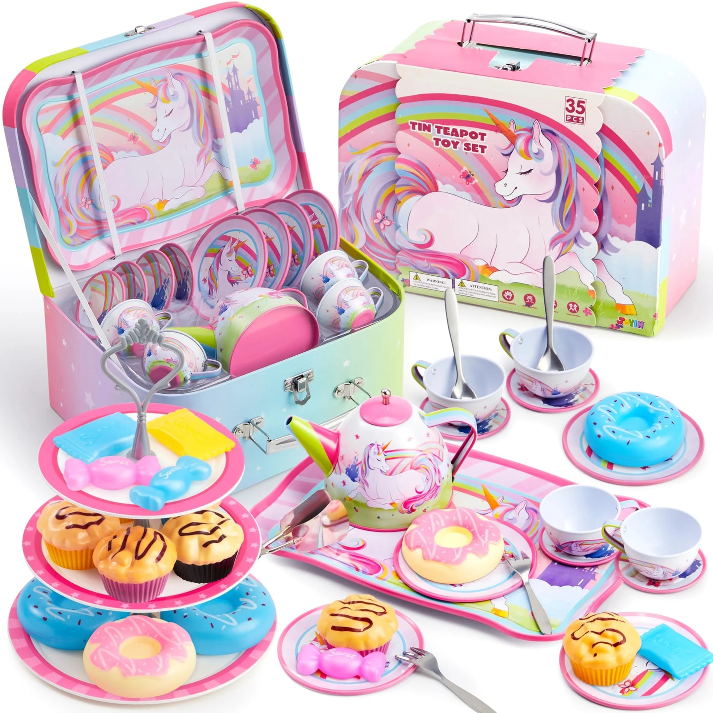 SYNCFUN 35 Pcs Unicorn Tea Set for Little Girls, Pretend Tin Teapot Set, Princess Tea Time Play Kitchen Toy, Birthday Gifts Kids Toddlers Age 3 4 5 6