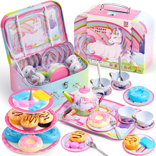 SYNCFUN 35 Pcs Unicorn Tea Set for Little Girls, Pretend Tin Teapot Set, Princess Tea Time Play Kitchen Toy, Birthday Gifts Kids Toddlers Age 3 4 5 6