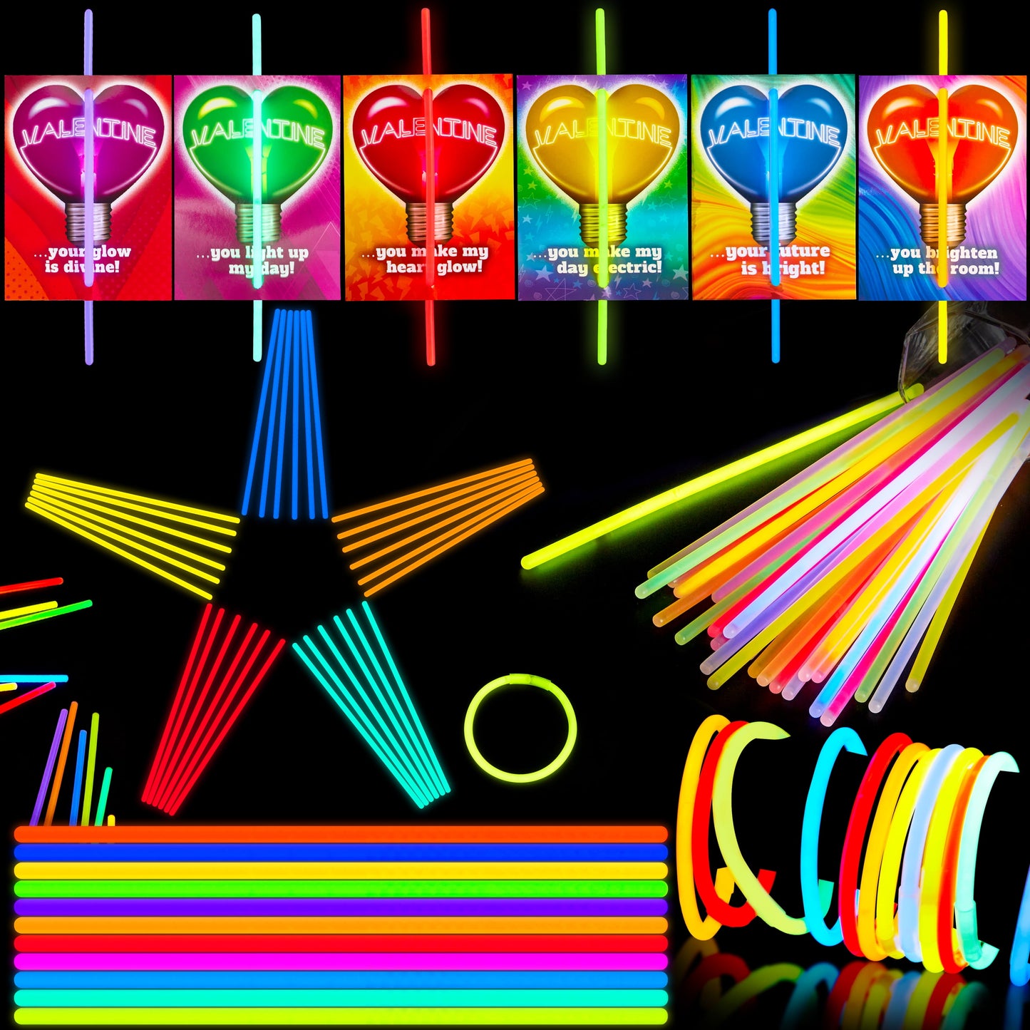 36 Packs Glow Sticks Bracelet with Neon Valentines Day Gift Cards Valentine Exchange Cards for Kids Class Valentines Party Favors