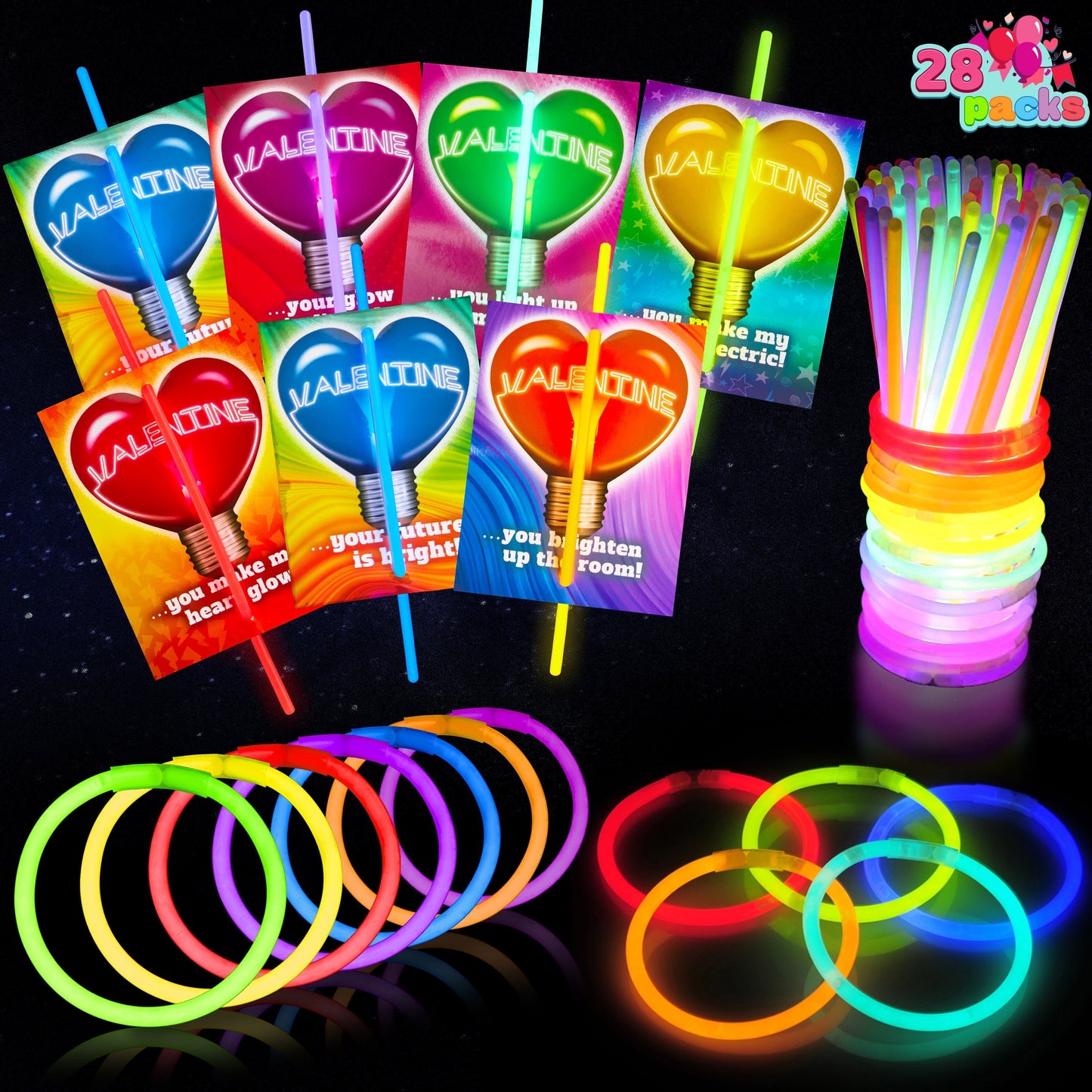 36 Packs Glow Sticks Bracelet with Neon Valentines Day Gift Cards Valentine Exchange Cards for Kids Class Valentines Party Favors